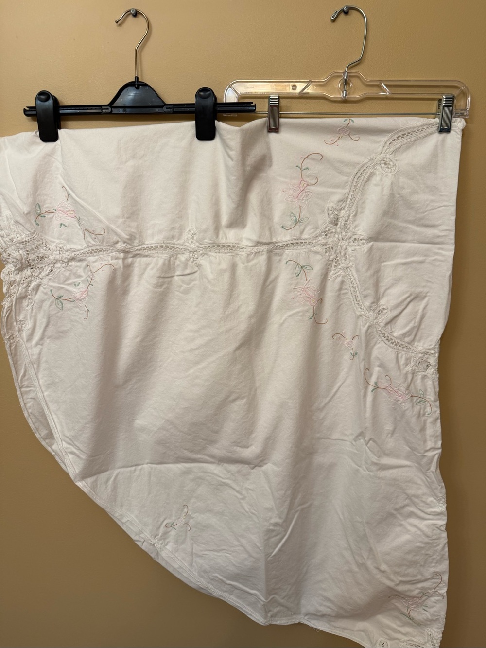 Source Unknown Cream Tablecloth with Pink & Green Embroidery